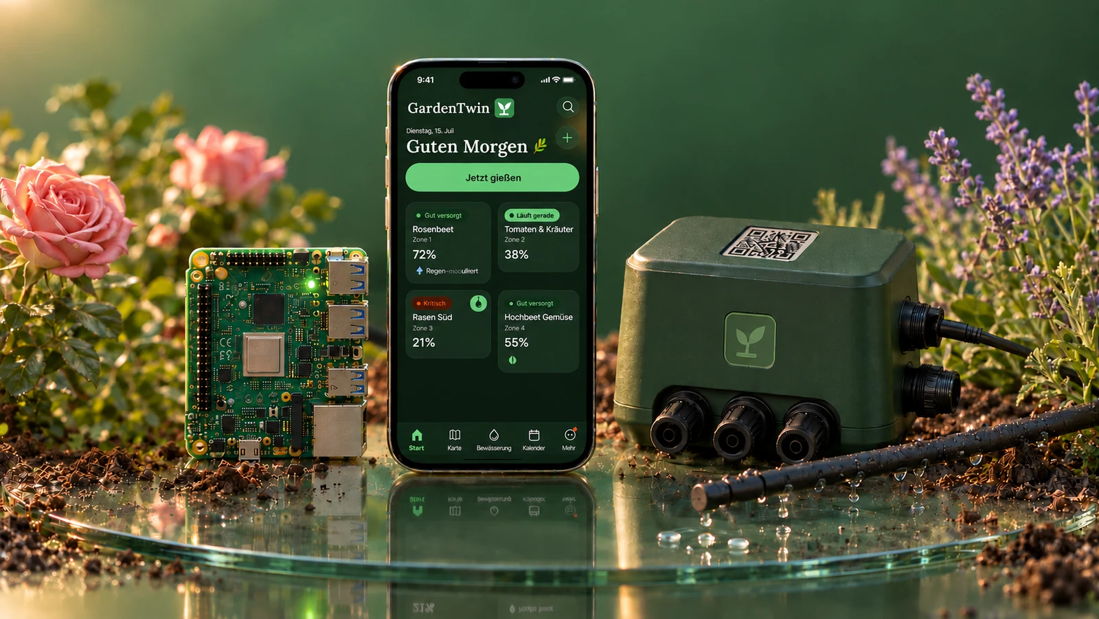 Konzept-Visualisierung: Smartphone mit GardenTwin-App, Raspberry Pi 5 und Bewässerungsbox