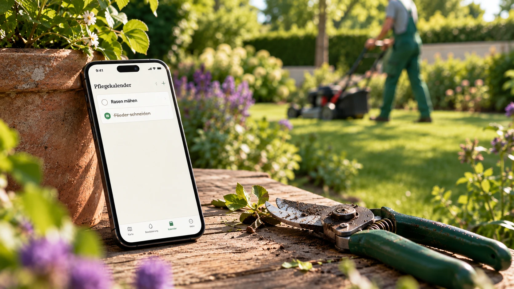 Konzept-Visualisierung: Smartphone mit GardenTwin-Pflegekalender im Garten, im Hintergrund eine Person beim Rasenmähen