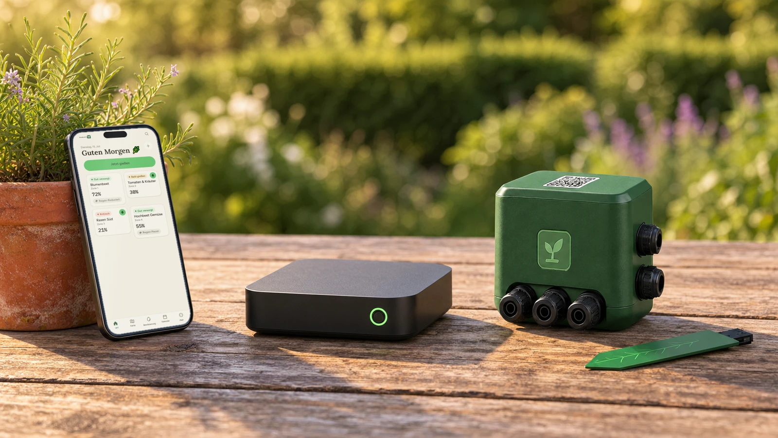 Die drei Teile von GardenTwin auf einem Gartentisch: ein Smartphone mit der GardenTwin-App, der GardenTwin-Hub als flaches dunkelgraues Gerät und die grüne Ventilbox mit einem Bodenfeuchte-Sensor