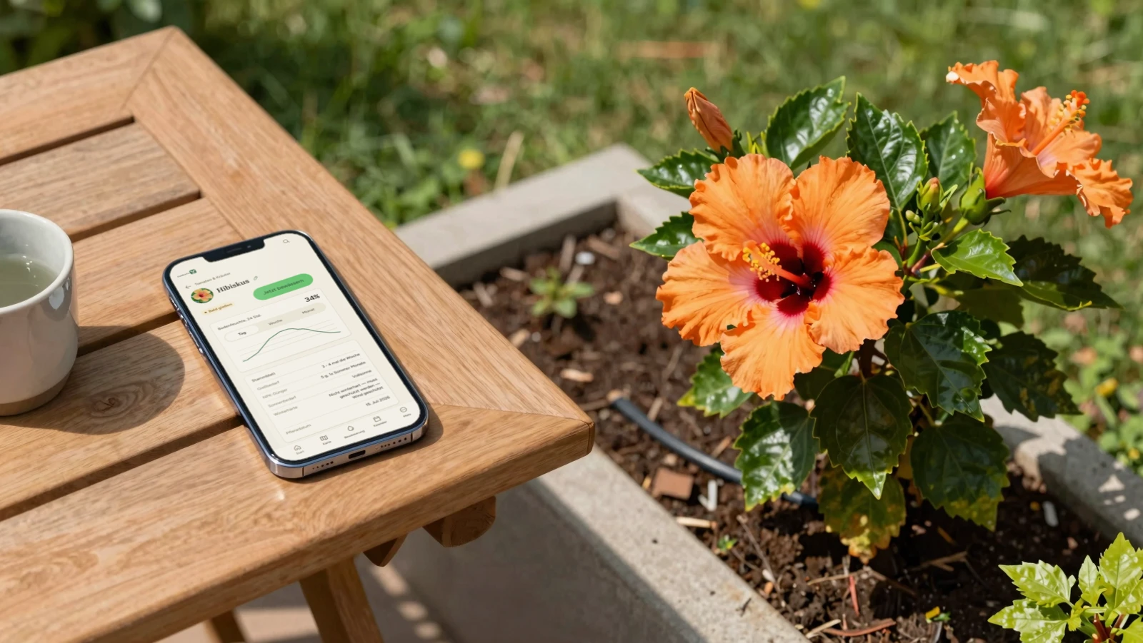 Smartphone auf einem Gartentisch, auf dem Display die GardenTwin-App mit der Detailansicht der Pflanze Hibiskus (Bodenfeuchte, Stammblatt, „Jetzt bewässern“); daneben blüht der orangefarbene Hibiskus im Beet