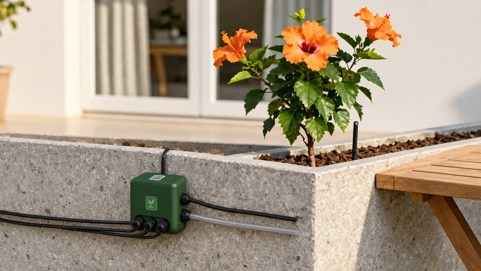 Grüne GardenTwin-Ventilbox an der Wand eines Pflanzkübels mit Hibiskus und Bodenfeuchte-Sensor; drei Bewässerungsschläuche, Strom- und Wasseranschluss führen von der Box weg