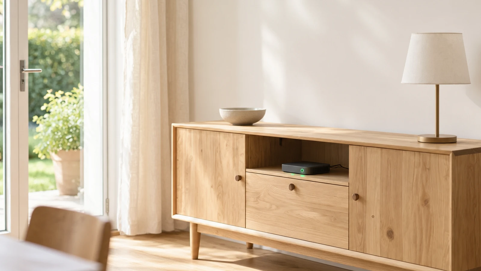 Der GardenTwin-Hub als kleines dunkelgraues Gerät mit grün leuchtender Status-LED im Fach eines hellen Sideboards in einer Wohnung; durch die Schiebetür sieht man den Garten